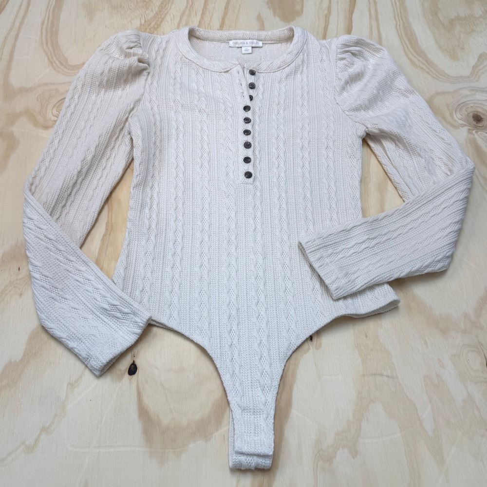 Chelsea & Violet Cream Cable Knit Henley Bodysuit Puff Sleeve Ivory Medium